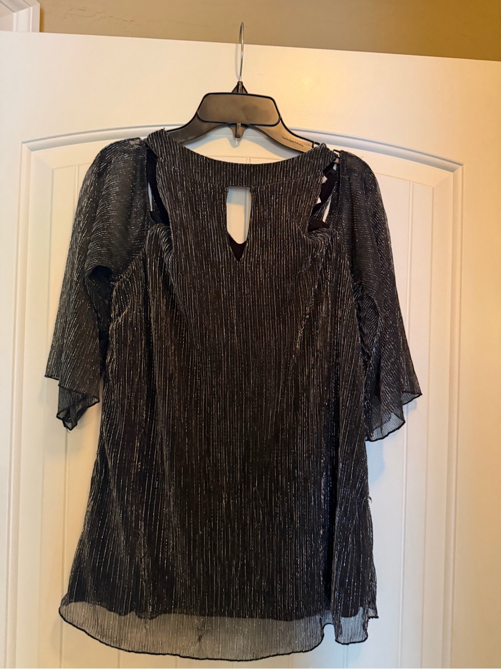 Metallic Black Long-Sleeve Pleated Evening Top
